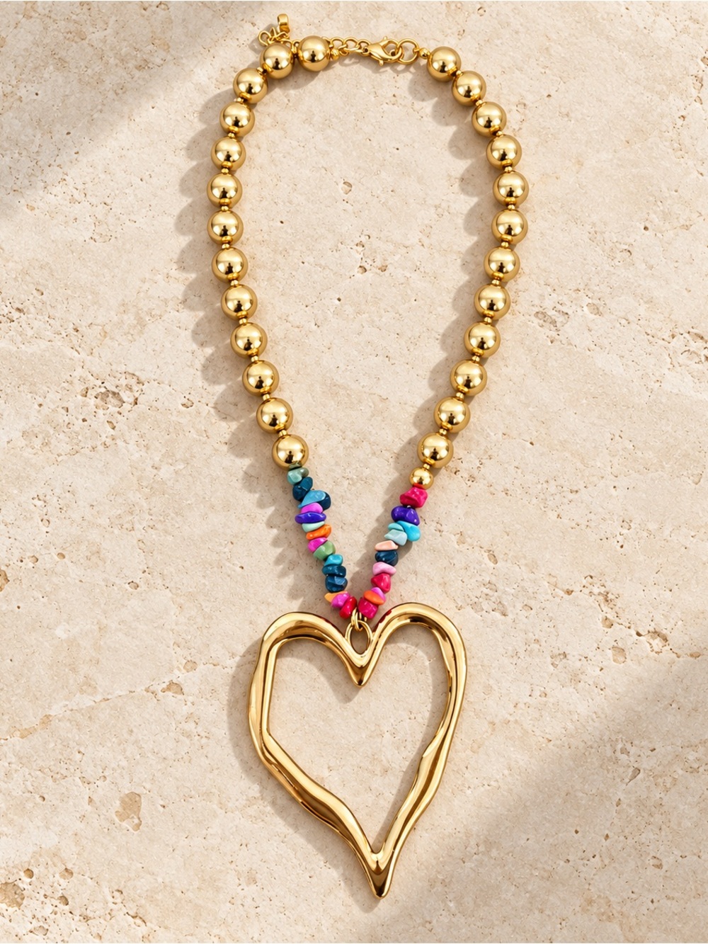 Gold Heart Pendant Statement Necklace with Multicolor Bead Accent